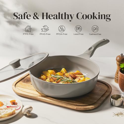Redchef Deep Ceramic Frying Pan with Lid, Nonstick Saute Pan Cookware All Cooktop Compatibility, Stay-Cool Handles, PFOA Free, Healthy Coating, Tempered Glass Cover, Even Heat, Grey (3.7Qt, 10")