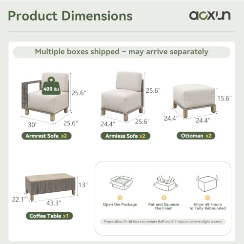 Aoxun Patio Furniture Set with 10'' Thick Cushions (7 Piece-U, Gray/Beige)