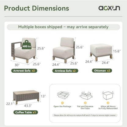 Aoxun Patio Furniture Set with 10'' Thick Cushions (7 Piece-U, Gray/Beige)