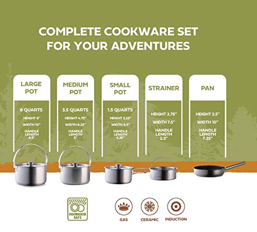 Camping Cookware Set 304 Stainless Steel 8-Piece Pots & Pans Open Fire Cooking Kit | Frying Pan Steamer with Travel Tote Bag | Compact For Outdoors & Indoors Kitchen Campfire Hiking RV