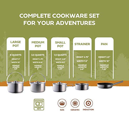 Camping Cookware Set 304 Stainless Steel 8-Piece Pots & Pans Open Fire Cooking Kit | Frying Pan Steamer with Travel Tote Bag | Compact For Outdoors & Indoors Kitchen Campfire Hiking RV