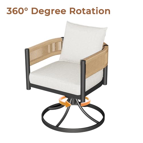 Grand patio Outdoor Dining Set, 7-Piece Patio Table and Chairs Set, Metal Woven Wicker Swivel Patio Chairs with Thickened Cushions & 1 Rectangular Woodgrain Dining Table with Umbrella Hole (Natural)