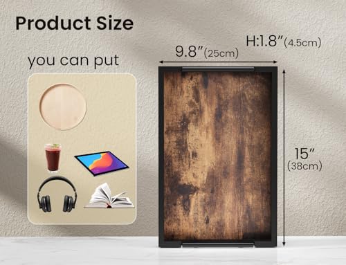 Fibogollo Wooden Serving Tray with Metal Handles,15x9.8in Ottoman Decorative Trays Platter for Coffee Table,Living Room,Bar,Party,Medium