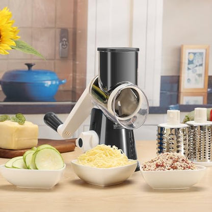 Cambom Rotary Cheese Grater Hand Crank Cheese Shredder for Fresh Cheese, Vegetable, Nuts,Non-slip Suction Base, Three Blades, Black