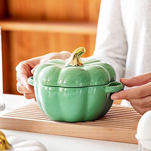 Pumpkin Pottery Dutch Oven Pot with Lid, Mini Baking Dish Casserole (Green)