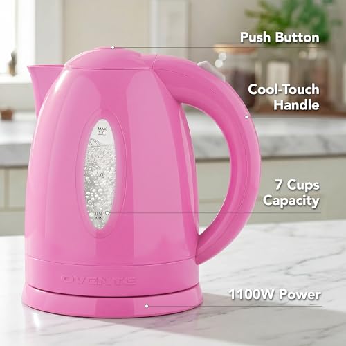 OVENTE 1.7L Electric Tea Kettle, Fast Boiling Water Heater, Pink KP72P
