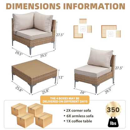 JOYURE 9 Piece Wicker Patio Furniture Set,Outdoor Conversation Sectional Sofa w/Coffee Table,All-Weather Outdoor Sofa with Thick and Anti-Slip Cushions for Deck,Poolside,Garden,Beige