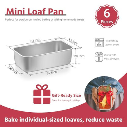 E-far Mini Loaf Pan Set of 6, Small Stainless Steel Bread Baking Pans for Oven, 6.3 x 3.5 Inch Tiny Meatloaf Pans for Homemade Bread Pound Cake Brownies, Non-toxic & Dishwasher Safe