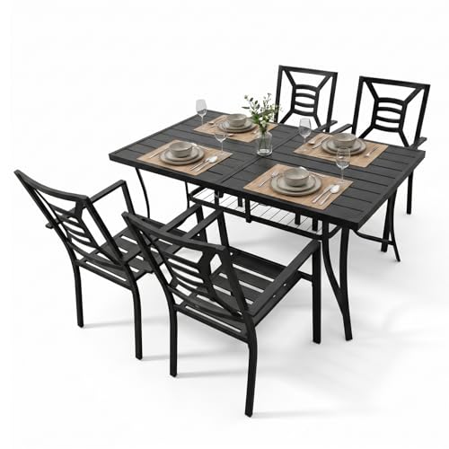 VOYSIGN 5 Piece Outdoor Patio Dining Sets, 60" Rectangular Metal Dining Table with Umbrella Hole & 4 Stackable Metal Chairs, Weather Resistant Garden Furniture Set for Backyard, Deck, Porch