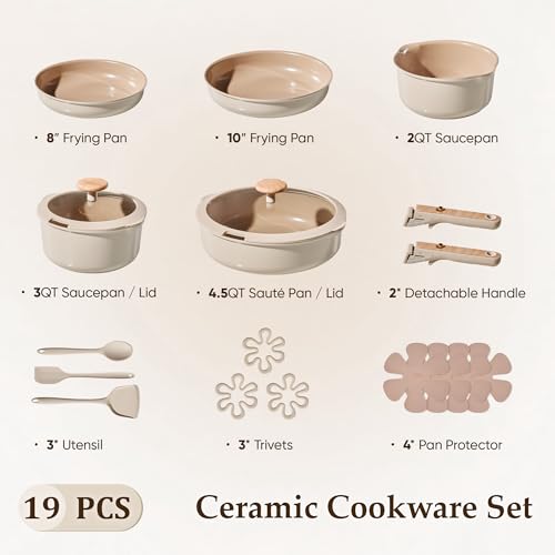 CAROTE Nonstick Pots and Pans Set, Cookware Set Detachable Handle, 19 Pcs Induction Kitchen Cookware Sets Non Stick with Removable Handle, RV Cookware Set, Oven Safe, Elegant White, Mothers Day Gifts