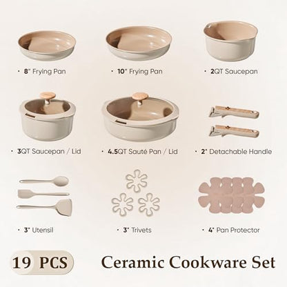 CAROTE Nonstick Pots and Pans Set, Cookware Set Detachable Handle, 19 Pcs Induction Kitchen Cookware Sets Non Stick with Removable Handle, RV Cookware Set, Oven Safe, Elegant White, Mothers Day Gifts