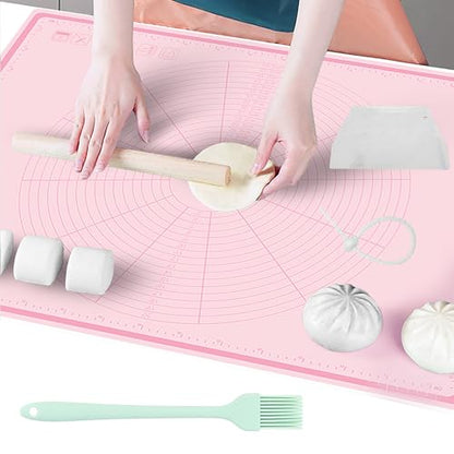 Silicone Baking Mat 32" x 24", Extra Thick Non-stick Pastry Mat with Measurements and Edge Heightening, Food Grade Silicone for Countertop Dough Rolling(With Dough Scraper/Pastry Brush/Cable Tie)