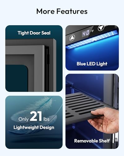 EUHOMY 18L Beverage Refrigerator Cooler, 24 Cans Mini Fridge with Quiet Compressor, Countertop Small Fridge with 40°F-61°F Digital Temperature Control, LED Lgiht for Home, Bar, Office