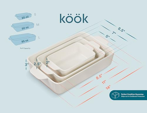 Kook Ceramic Bakeware Set, Rectangular Baking Dishes, For Casseroles, Lasagna, Cake, Small, Medium & Large Pans, Microwave & Dishwasher Safe, Set of 3, (Ivory)