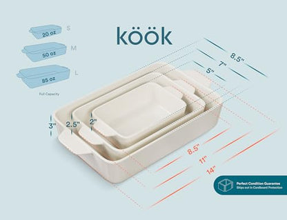Kook Ceramic Bakeware Set, Rectangular Baking Dishes, For Casseroles, Lasagna, Cake, Small, Medium & Large Pans, Microwave & Dishwasher Safe, Set of 3, (Ivory)