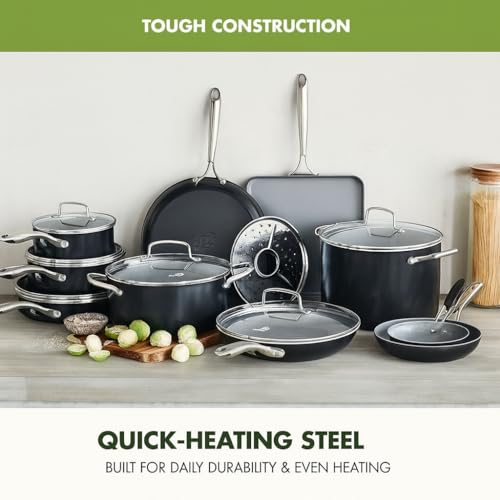GreenPan 17 Piece Nonstick Swift Cookware Set, Ceramic PFAS-Free Pots & Pans with Lids, Dishwasher & Oven/Broiler Safe to 600F, Kitchen Cooking Set, Sauce, Saute, Stock, Griddle, Frying Pans, Gray