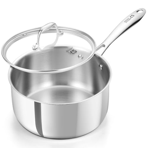 KOCH SYSTEME CS Triply Stainless Steel Saucepan, 3 Quart Stainless Steel Pot with lid, Large Cooking Pot, 3QT Sauce Pan with Stay Cool Handle, Induction Compatible Pot, Oven Safe 600°F