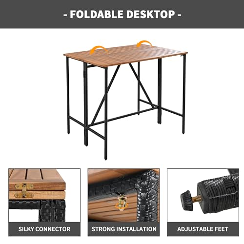 Polibi 10-Piece Large Wicker Bar Set - Extendable Table & 8 Stools, Outdoor Entertaining Furniture, Brown