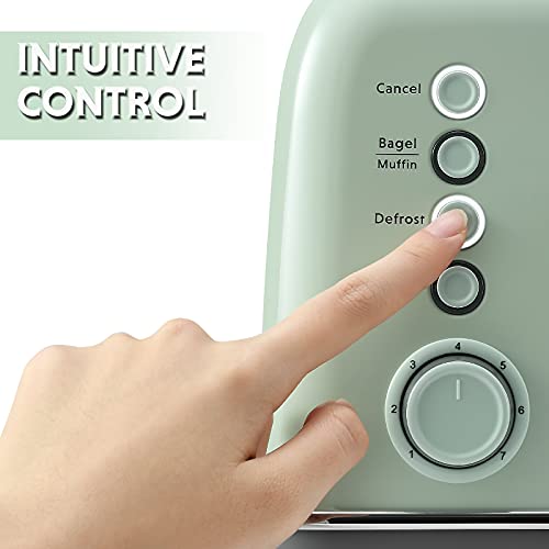 BUYDEEM DT620 2-Slice Toaster, 7 Shade Settings, Extra Wide 1.5'' Slots for Bagel & English Muffin, 6 Toasting Functions, Retro Stainless Steel Toaster with High Lift Lever, Cozy Greenish