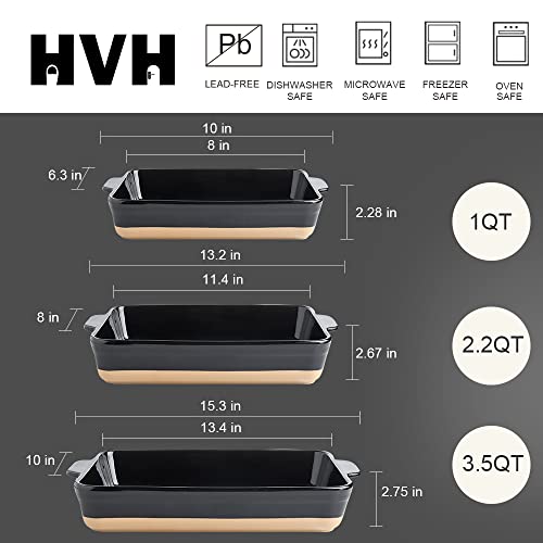 HVH Baking Dish Set, 9x13 Baking Dish, Ceramic Lasagne Pan Deep, Large Casserole Dish Set, Baking Dishes for Casseroles 13 x 9, Ceramic Bakeware Set of 3, Farmhouse Style (Black)