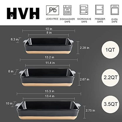 HVH Baking Dish Set, 9x13 Baking Dish, Ceramic Lasagne Pan Deep, Large Casserole Dish Set, Baking Dishes for Casseroles 13 x 9, Ceramic Bakeware Set of 3, Farmhouse Style (Black)