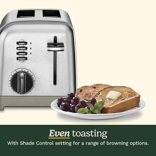Cuisinart CPT-160P1 Metal Classic 2-Slice Toaster, Brushed Stainless Steel, 6 Shade Settings, 1.5" Wide Slots for Bagels & Bread, Defrost/Reheat Functions, Extra-Lift Lever, Slide-Out Crumb Tray