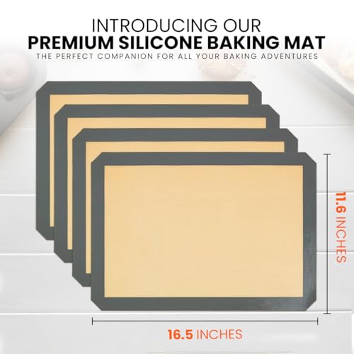 Silicone Baking Mats Half Sheet Non Stick for Oven Reusable 4 Pack - Thick Heavy Duty Silicone Baking Mat Cookie Sheet 1/2 Size for Macaron & Pastry - Half Size Rectangular Cooking Oven Liner Pad