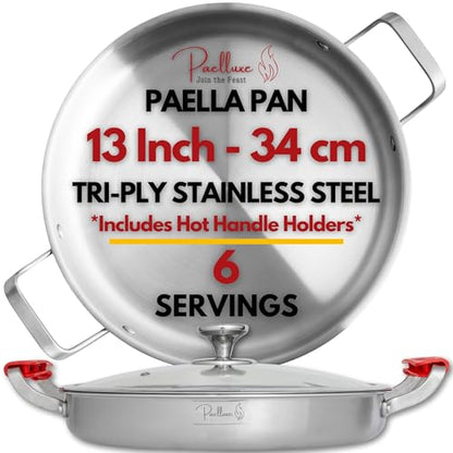 Paelluxe 13 Inch Tri-Ply Stainless Steel Paella Pan with Lid for 6 Servings - Includes Hot Handle Holders - Induction, Oven and Dishwasher Safe Skillet, Indoor Outdoor Cooking Cacerola Paellera Sarten