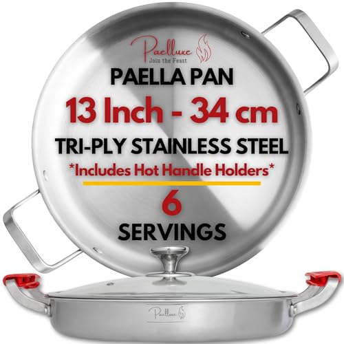 Paelluxe 13 Inch Tri-Ply Stainless Steel Paella Pan with Lid for 6 Servings - Includes Hot Handle Holders - Induction, Oven and Dishwasher Safe Skillet, Indoor Outdoor Cooking Cacerola Paellera Sarten
