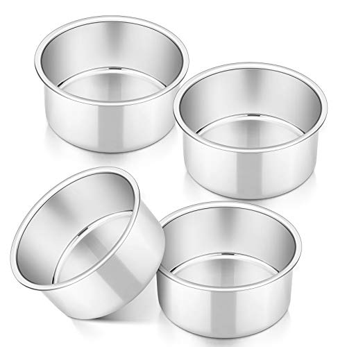 P&P CHEF Cake Pan Set of 4, Stainless Steel Baking Round Cake Pans Tins Bakeware for Birthday Wedding, Leak-proof & Easy Clean, Mirror Finish & Easy Releasing, 4 Inch