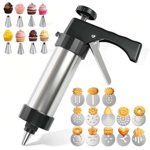 Stainless Steel Cookies Press, Cookie Press Gun Kit with 13 Cookie Discs and 8 Piping Tips, Durable Butter Cookie Shooter for DIY Various Cookies and Cake Maker