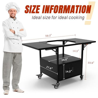 Outdoor Big Green Egg Grill Cart,Egg BBQ Grill with Dustproof Cover, 3-Duty Storage, 2 Sided Prep Table, 530Lbs&Heavy Duty Metal, Outside-in Easy assembly, Compatible with Big Green Egg,Kamado Joe