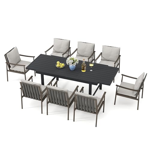 HAPPATIO 9-Piece Aluminum Patio Dining Set,Aluminum Outdoor Dining Set with Cushions,8 Dining Chairs with Expandable Table with Umbrella Hole for Lawn, Garden, Backyard