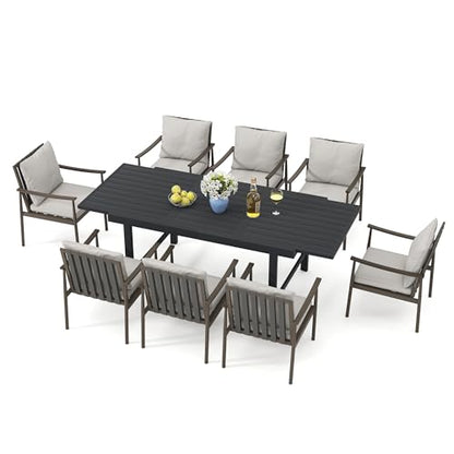 HAPPATIO 9-Piece Aluminum Patio Dining Set,Aluminum Outdoor Dining Set with Cushions,8 Dining Chairs with Expandable Table with Umbrella Hole for Lawn, Garden, Backyard
