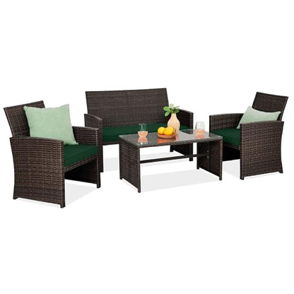 Best Choice Products 4-Piece Outdoor Wicker Patio Conversation Furniture Set for Backyard w/Coffee Table, Seat Cushions - Brown/Midnight Green