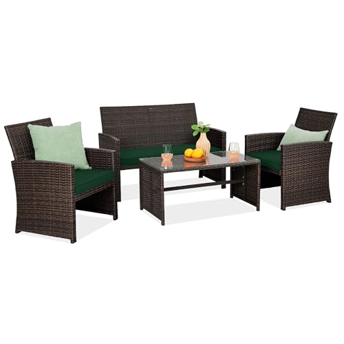 Best Choice Products 4-Piece Outdoor Wicker Patio Conversation Furniture Set for Backyard w/Coffee Table, Seat Cushions - Brown/Midnight Green