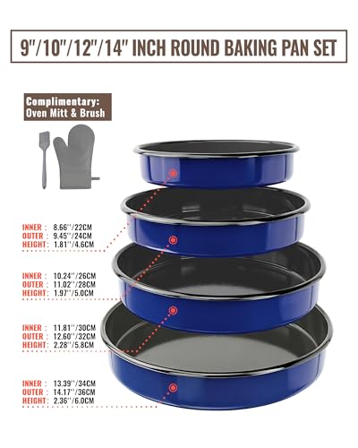 MCCSI Enamel Roasting Pan Set Round Baking Dish 4-Pack 9/10/12/14 Inch Non Stick High Temperature Resistance Bakeware for Pizza & Salad, Oven Dishwasher Safe Mother Day Gift for Wife & Mom Cake Pan