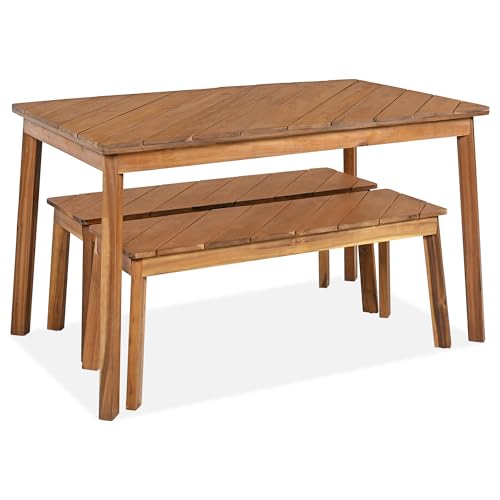 SOFTSEA 3-Piece Outdoor Patio Dining Table Set, Acacia Wood Picnic Table with 2 Benches, Indoor Outdoor Dining Set for Garden, Porch and Poolside, Natural