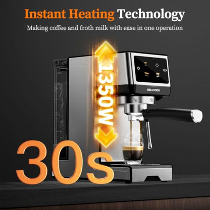 SECPOEDR 20Bar Espresso Machine with Poweful Milk Frother Rapid Cold Brew, Easy to Use Compact Espresso Maker, Fast Heat 1350W Barista-Quality Home Cappuccino Latte Machine,45oz Water Tank, Silver