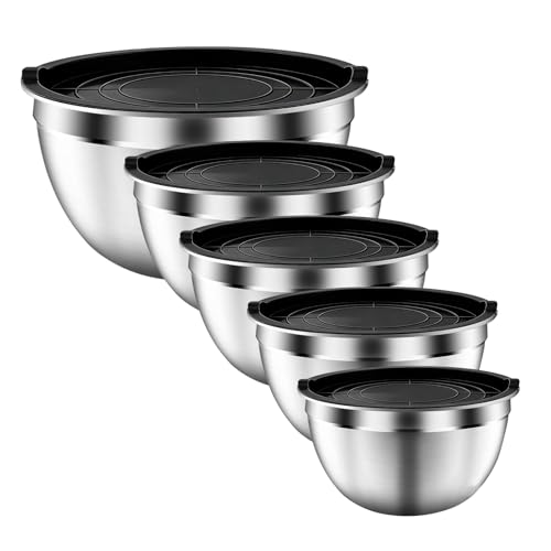 ZEENSUY Mixing Bowls with Airtight Lids Set, 5 PCS Stainless Steel Black Nesting Bowls for Kitchen, Large Prep Metal Mixing Bowls for Kitchen, 5.5/4/3.5/2/1.5 QT for Mixing & Serving