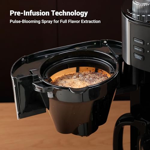 Gevi 10-Cup Drip Coffee Maker with Built-in Burr Grinder & Programmable Timer, 1.5L Water Tank, Auto Keep-Warm, Reusable Filter - Fresh Ground Coffee Machine (Black)