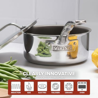 Viking PureGlide Pro 3-Ply Nonstick Sauce Pan, Made without PFAS, 2-Quart Induction Cooking Pot with Lid, Metal Utensil Safe Titanium Nonstick Surface, Oven Safe to 600F