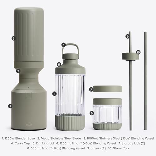 Beast Mega 1200 Stainless Steel | Premium Countertop Blender | Smoothies, Shakes, Sauces, Dips | Lg Servings | Blends Ice + Frozen Fruit | Double-Wall Insulation | Extra Vessels | 1200W (Sage)