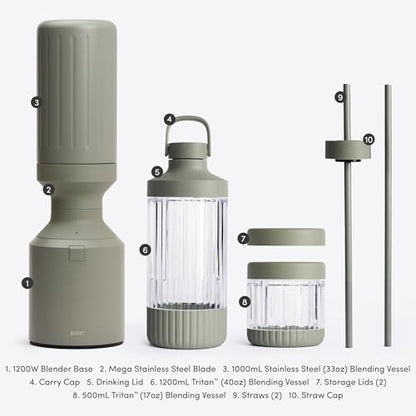 Beast Mega 1200 Stainless Steel | Premium Countertop Blender | Smoothies, Shakes, Sauces, Dips | Lg Servings | Blends Ice + Frozen Fruit | Double-Wall Insulation | Extra Vessels | 1200W (Sage)