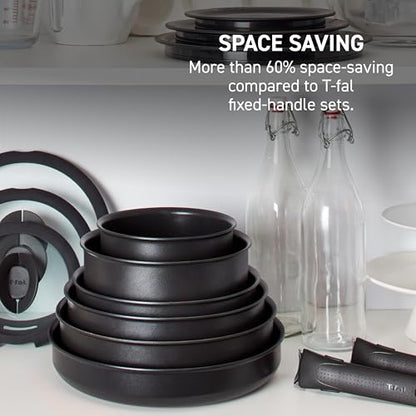 T-fal Ingenio Expertise Non Stick Cookware Set 14 Piece, Induction, Oven Broiler Safe 500F, Detachable/Removable Handle, Kitchen, Cookware, Pots and Pans, RV, Camping, Fry Pans, Dishwasher Safe, Gray
