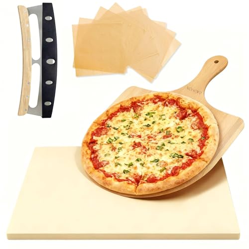 Rectangular Pizza Stone Kits 4PCS 12"x15",Cordierite Baking Stone for Grill & Oven,Cutter Rocker Stainless Steel &10pcs Cooking Paper and Peel Paddle-Durable and Pizza Oven Accessories