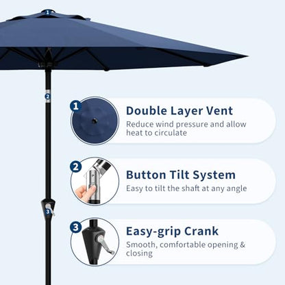 GarveeLife 9FT Umbrella Outdoor Patio, Table Umbrella with Push Button Tilt and Crank, 8 Sturdy Ribs Waterproof UV Protection for Garden, Pool, Deck, Backyard, Market (Navy)