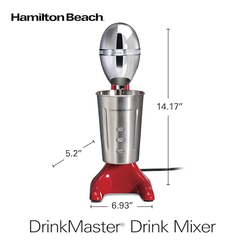 Hamilton Beach DrinkMaster Electric Drink Mixer, Retro Milkshake Maker & Milk Frother, 2 Speeds, Extra-Large 28 oz. Stainless Steel Cup, Red