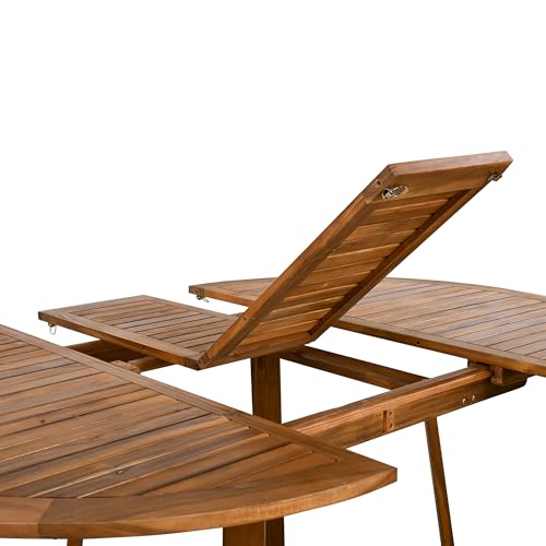 CKLMMC Modern 5-Piece Outdoor Patio Dining Set, All-Weather Acacia Wood Extendable Round Dining Table with 12inch Butterfly Leaf and 4 Rattan Arm Chairs for Backyard, Garden, Poolside