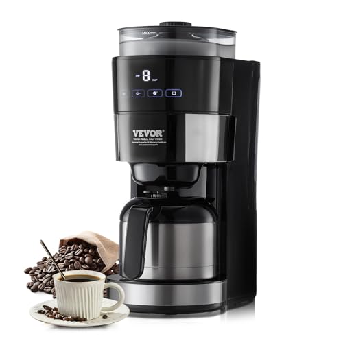 VEVOR Coffee Maker with Grinder, 8 Cup Programmable Coffee Machine, Grind and Brew Coffee Maker with 3 Brew Strength Control, Reusable Filter, Removable Water Tank, for Home Office Restaurant